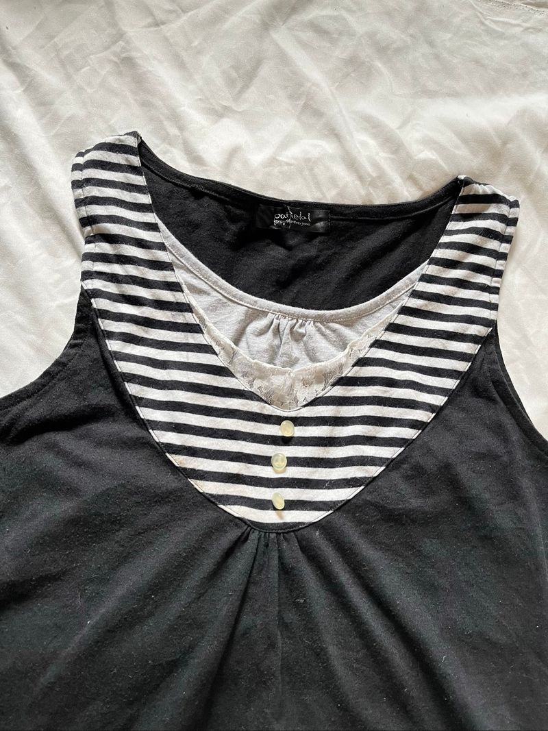 Black Stripe Layer Top Wanita Atasan Sleeveless Ruffle Sof, foto 3