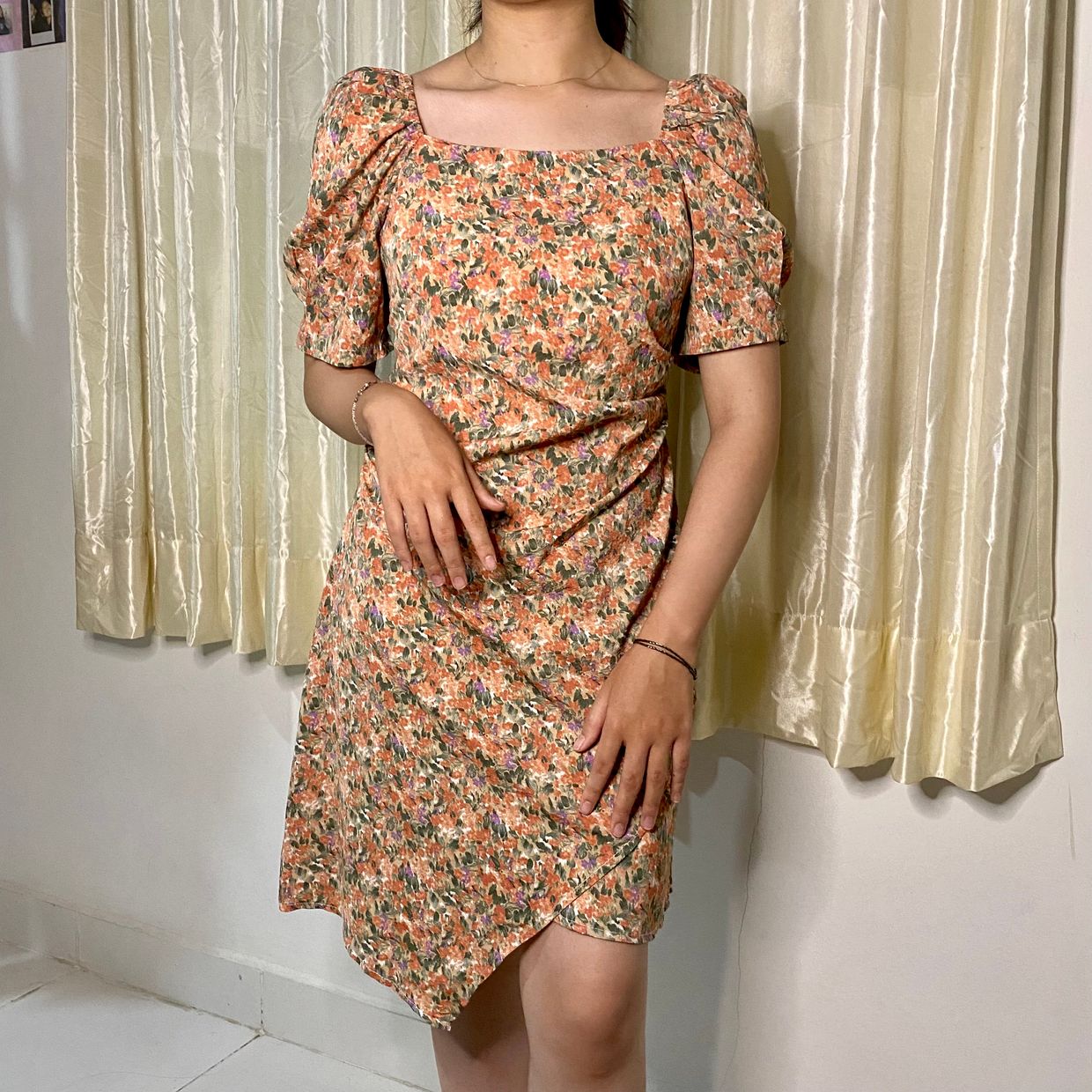 Vintage Cottagecore Midi dress Wanita orange