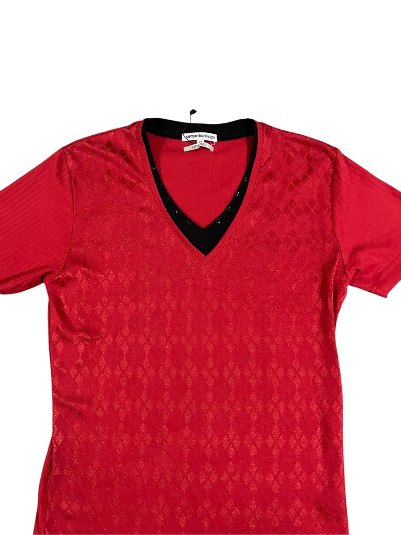 Y2K Semantic Design Red Studded V Neck T Shirt, foto 2