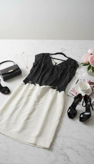 Gaun wanita kombinasi hitam putih renda lengan