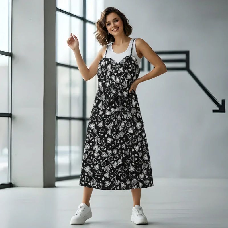 Gaun MIDI motif hati hitam-putih, foto 2