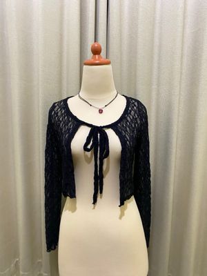 The hagit Black Lace Ribbon Cardigan - Romantic Tie-Front Sh