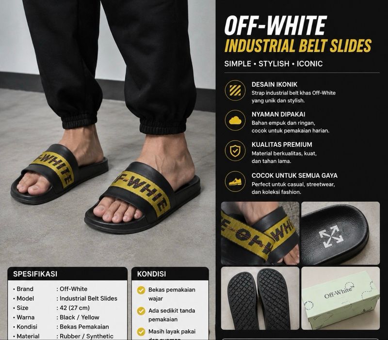Off-White Industrial Belt Slides Original Black Yellow - Preloved