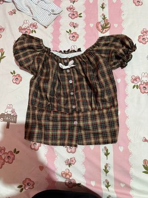 Retro Tartan Sabrina Crop Top with Button Up and Bow Detail⁠
