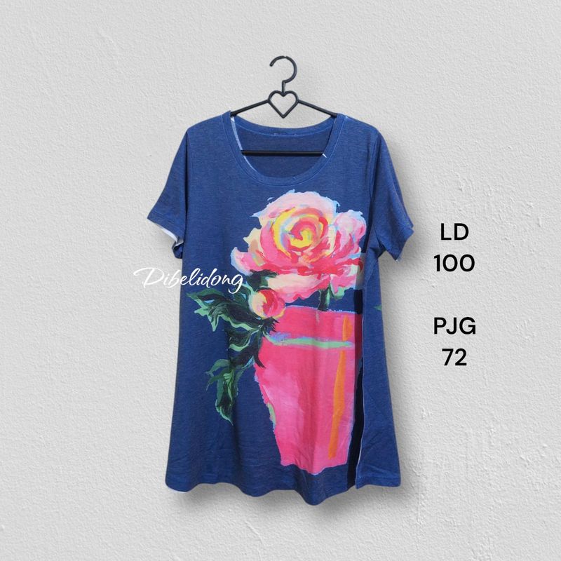Kaos biru motif bunga rose art, foto 2