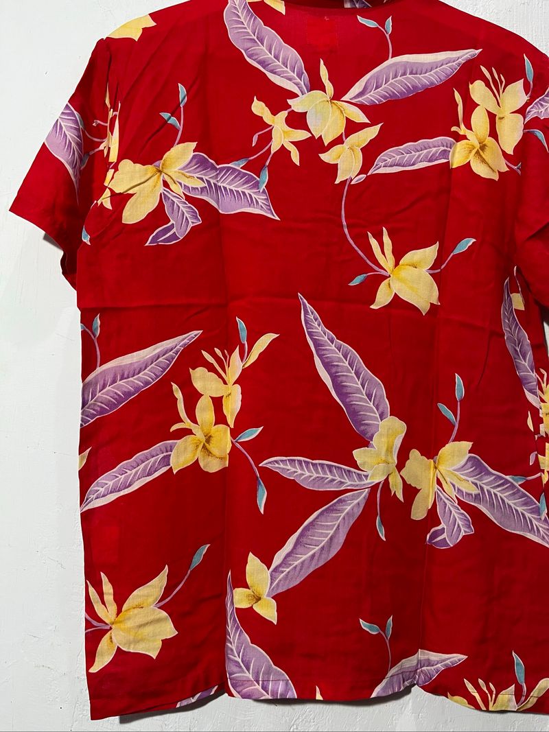 Half Open Collar Hawaii Shirt Pattern Leaf Short Sleeve Red, foto 10
