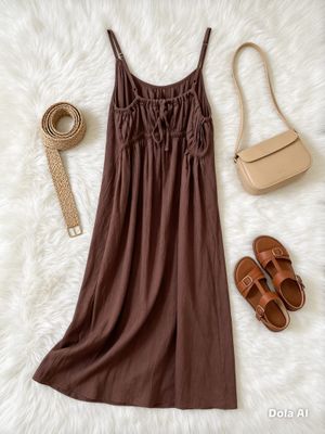 Dress midi model bahu warna coklat
