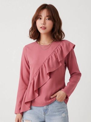Blouse Asimetris Ruffle Dusty Rose