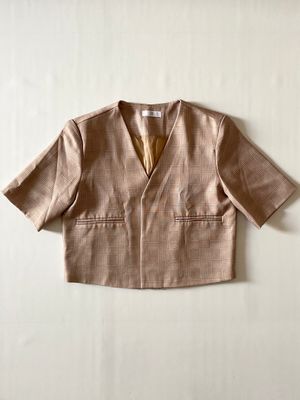 Tan Khaki Plaid Short Sleeve Blazer Outer