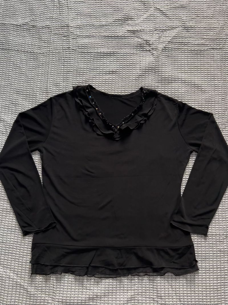 Ruffles Black Flower Sequin longsleeve top, Grunge Goth, foto 4