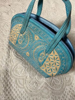 Turquoise Blue Embroidered Fabric Hand Bag