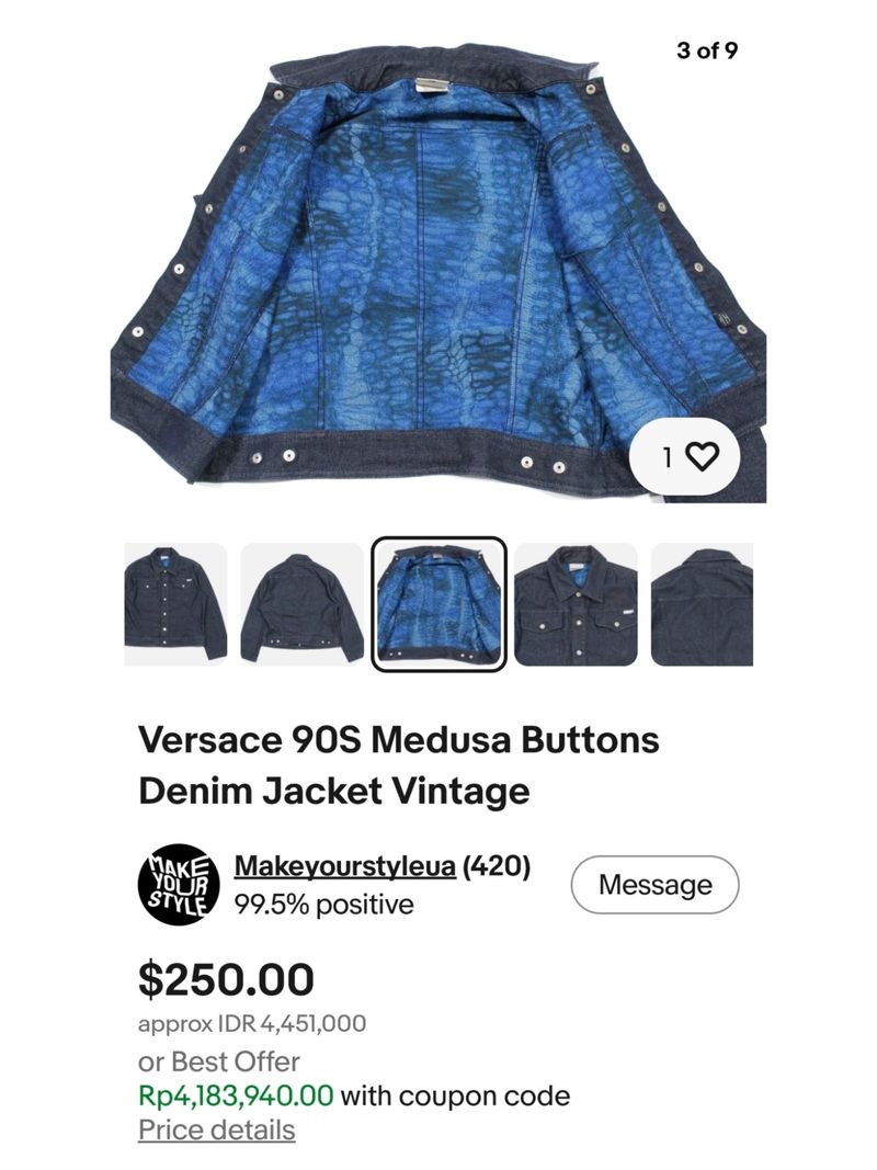 VINTAGE 90'S VERSACE MEDUSA BUTTON DENIM JACKET, foto 8