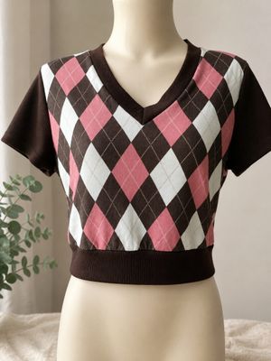 SHEIN Argyle Crop Top Pink Brown Preppy Y2K