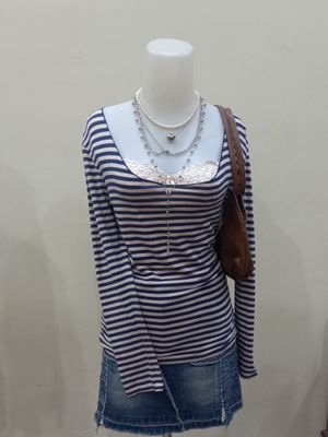 Y2K Gyaru Striped Milkmaid Top Open Neckline