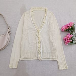 EVAN-PICONE Cream Frill Knit Cardigan Coquette Fairycore L