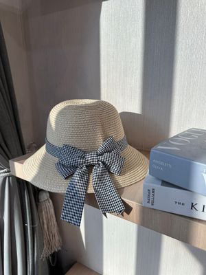 Topi Pantai Jerami Wanita Korea Bucket Hat Anyaman Pita Houn