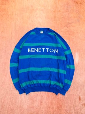 Vtg United Colors of Benetton Blue & Green Striped Logo