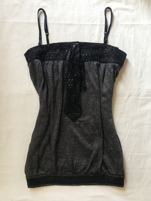 Y2K Black Glitter Tank Top with Sequined Mini Tie