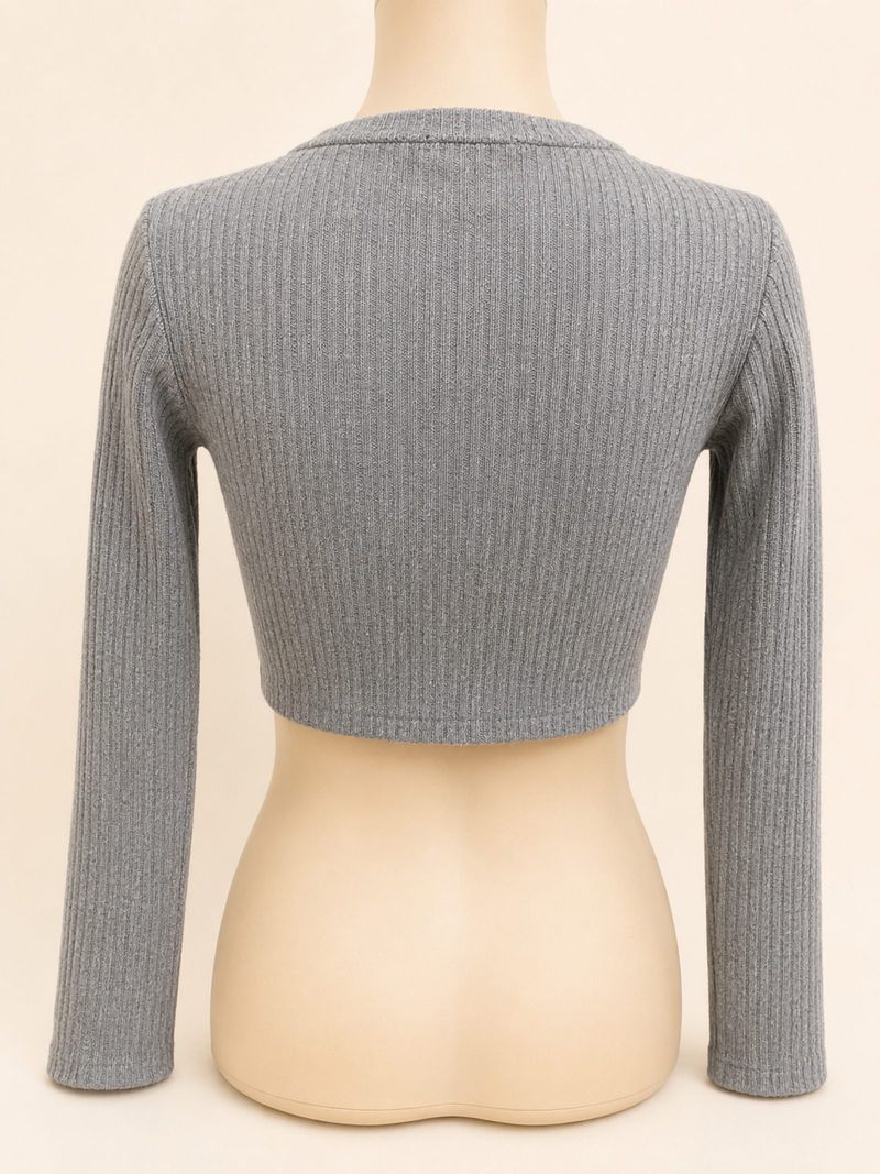 Grey Rib Knit Crop Top Premium Stretch | Basic Old Money, foto 3