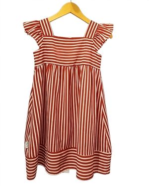 Dress anak salur merah bata lengan ruffle