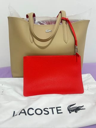 Tas Lacoste Reversible ( cream dan merah ) Tote With Pouch
