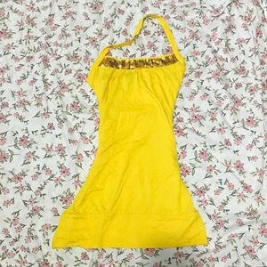 yellow sequin halter dress