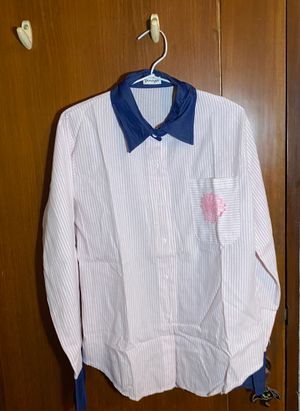 Shirt flower pink white shirt kemeja putih pink kerah navy