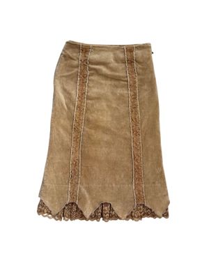 Vintage Boho Tan Velvet Midi Skirt with Lace Trim