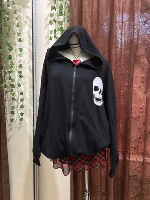 skull beaded hoodie zipper oversized black