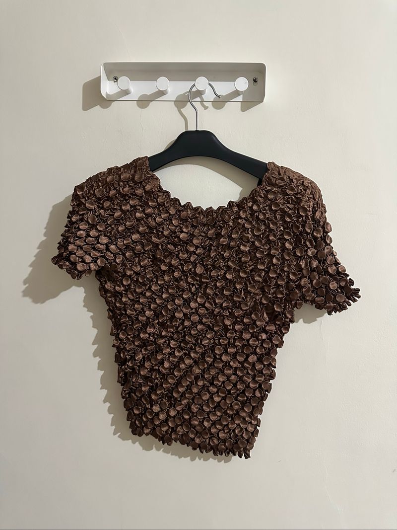 Brown Smocked Popcorn Bubble Pleated Top Bunzaburo, foto 6