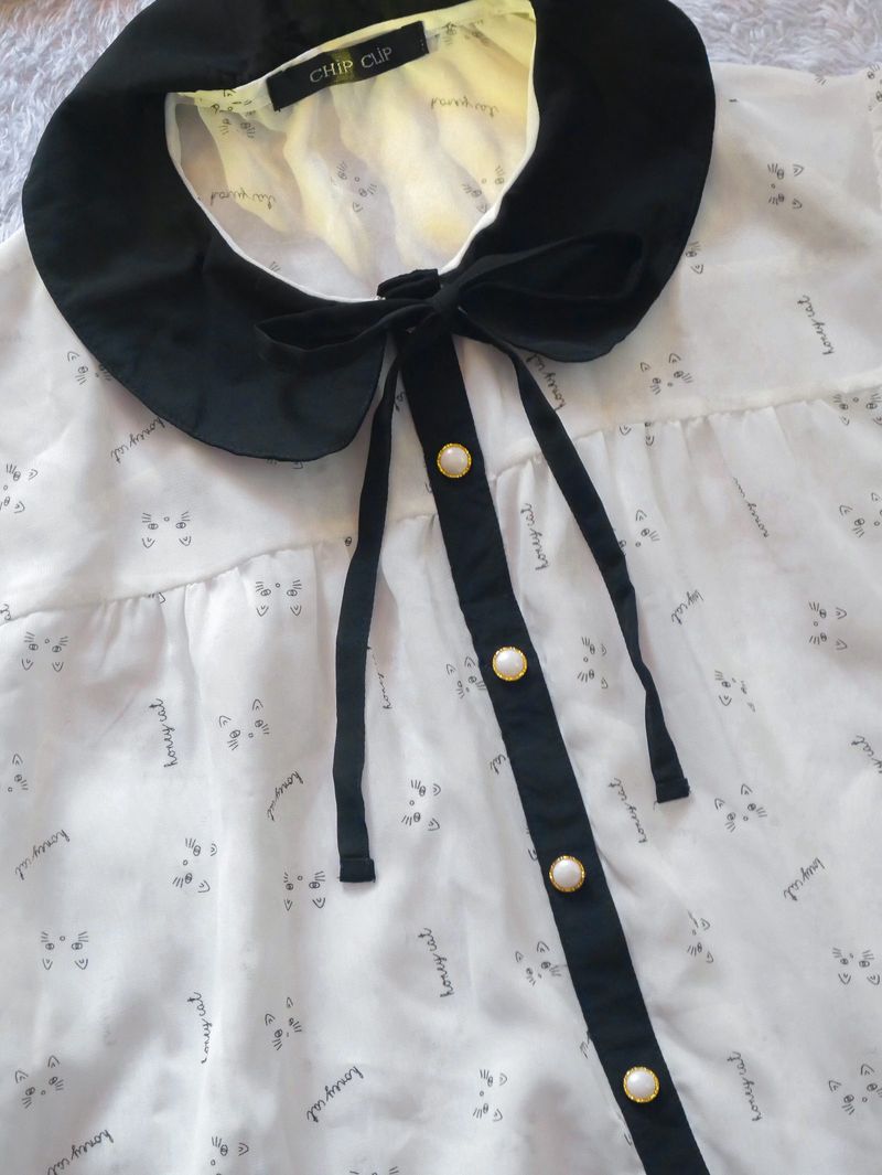 Blouse Putih Ciffon Chipclip Motif Cat Kucing, foto 3