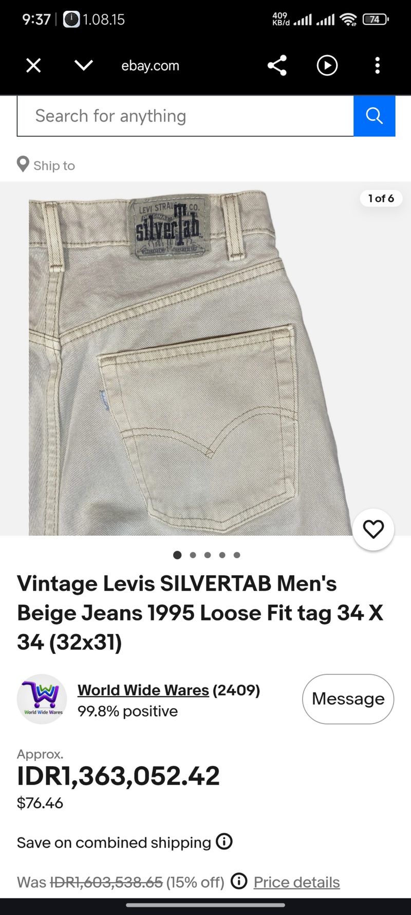 Celana Jeans Levi's SilverTab Straight Light Beige, foto 3