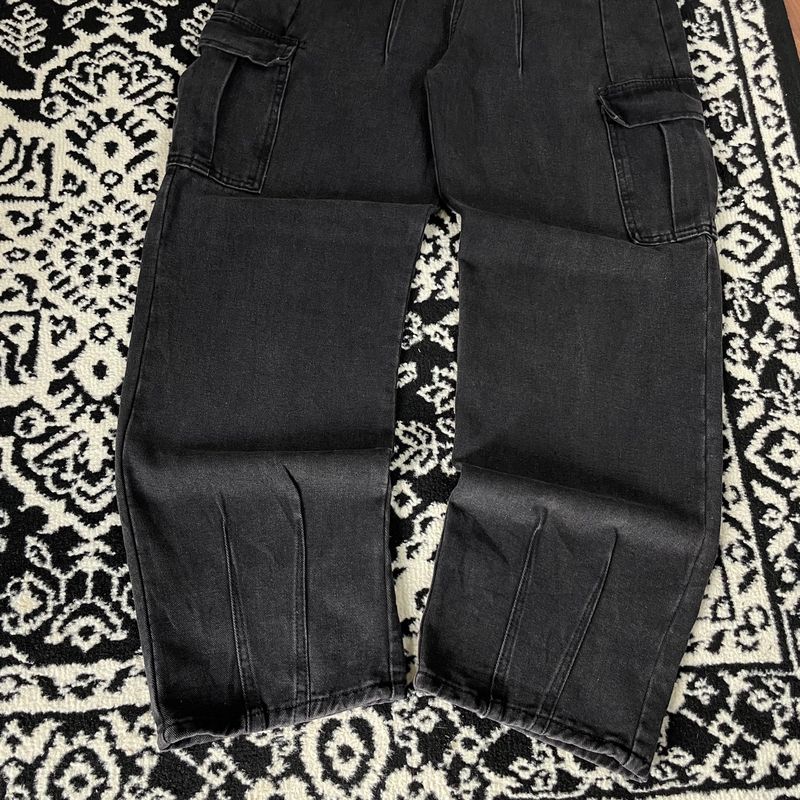Solid black denim cargo jeans Baggy active pocket, foto 8