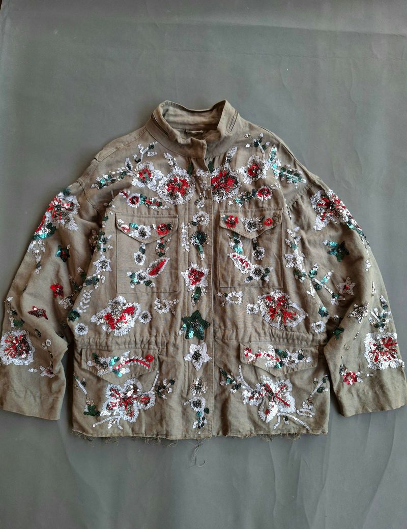 Zara Basic Outerwear - Floral Sequin Military Jacket, foto 4