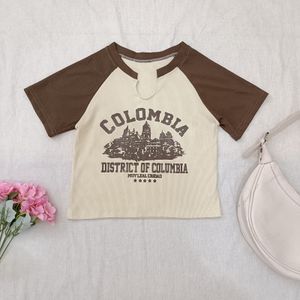 Cream Brown Columbia Graphic Raglan Top Retro Y2K