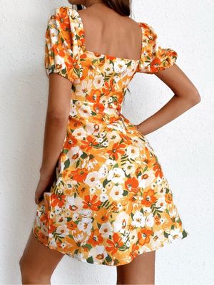 H&M Cottagecore Fairy Summer dress Wanita white orange