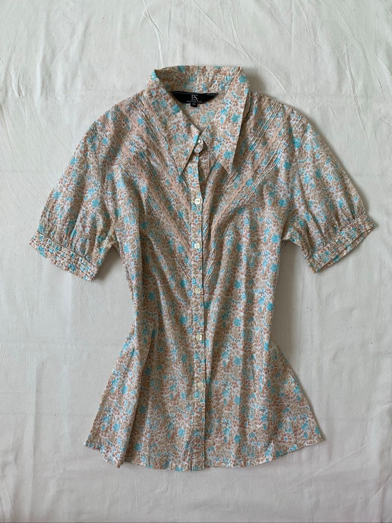 Turquoise micro floral pattern button up blouse with lace tr, foto 5