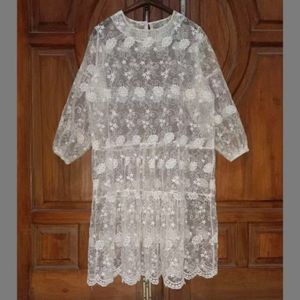 Dress Outer Brokat Wanita Broken White Bordir Bunga Bigsize