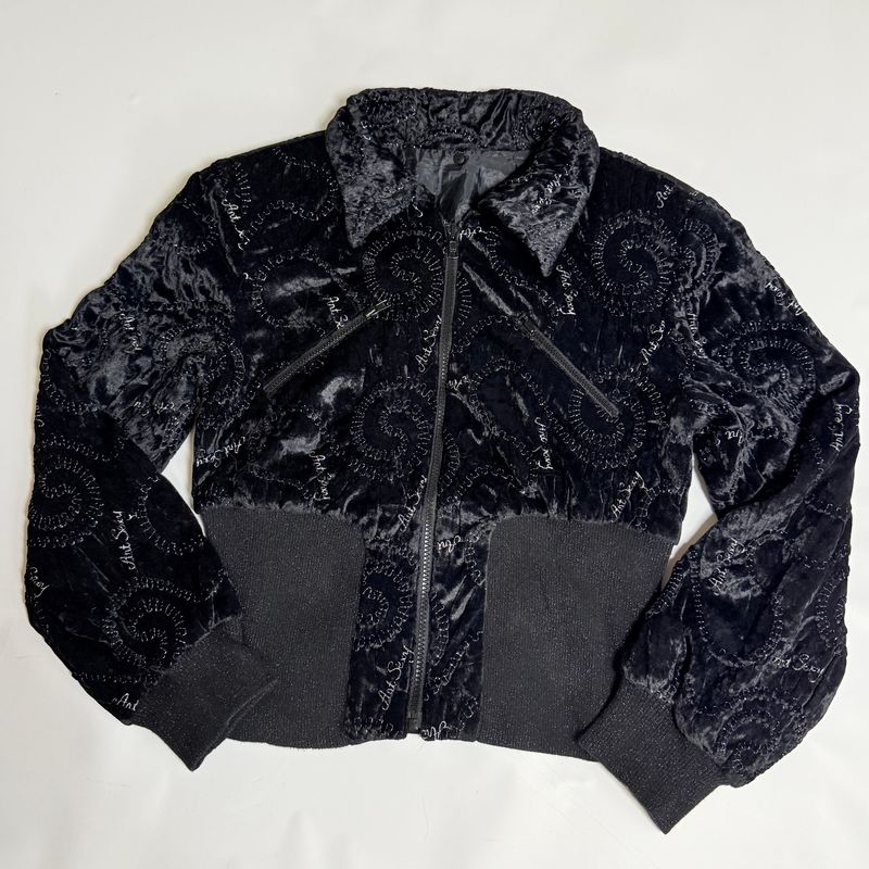 Y2k Swirl Pattern Black Glitter Velvet Cropped Zip Up Jacket, foto 2