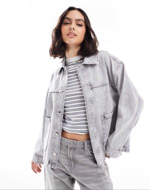 Stradivarius Oversized Denim Overshirt in Gray | Jaket Denim