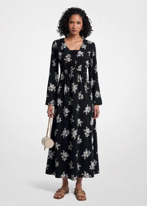 Michael Kors Black Beige Floral Print Dress / Gaun Michael K