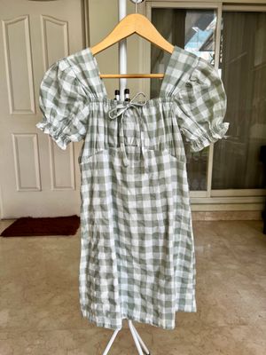 Summer Mini Dress Puff Sleeve Sage