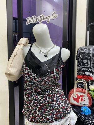 ✧̥˚ Floral Satin Bustier Cami ✦ Rhinestone Details ✦ Y2K Mal
