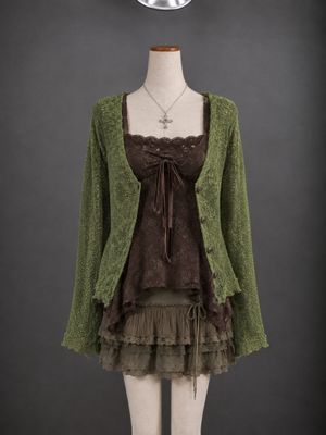 2in1 Cardigan Mesh + [NEW TAG]Blouse Babydoll Milkmaid Brown