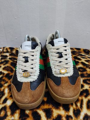 Sepatu Gucci JBG webbing trimmed leather and Suede