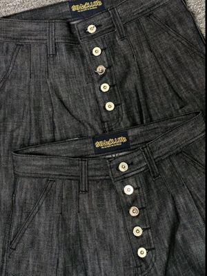 Jorts pants slubby raw denim double plaited with button up