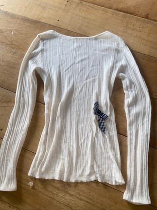 Cream Coquette Rib Knit Longsleeve - Boat Neck Ribbon Gingha