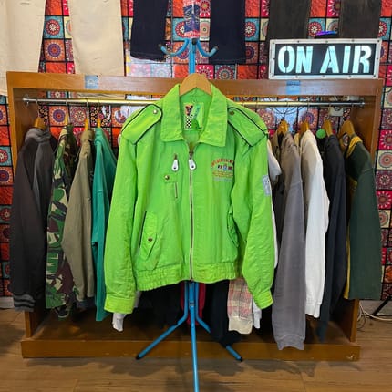 90s Influentialmen Racing Team Bomber Jacket - Neon Lime Gre