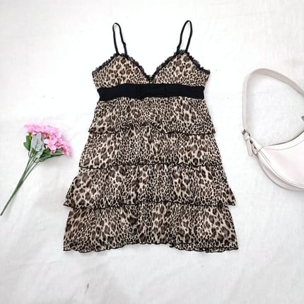 CORNFLAKE Leopard Mini Dress Lace Bow Japanese Girly L