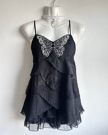 Black Butterfly Sequins Fairy Lace Ruffle Top